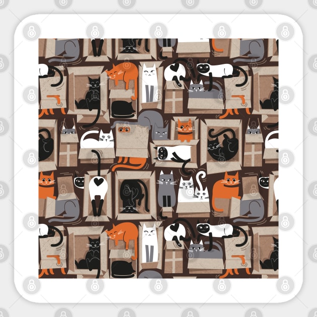 Purfect feline architecture // pattern // brown background cute cats in cardboard boxes Sticker by SelmaCardoso